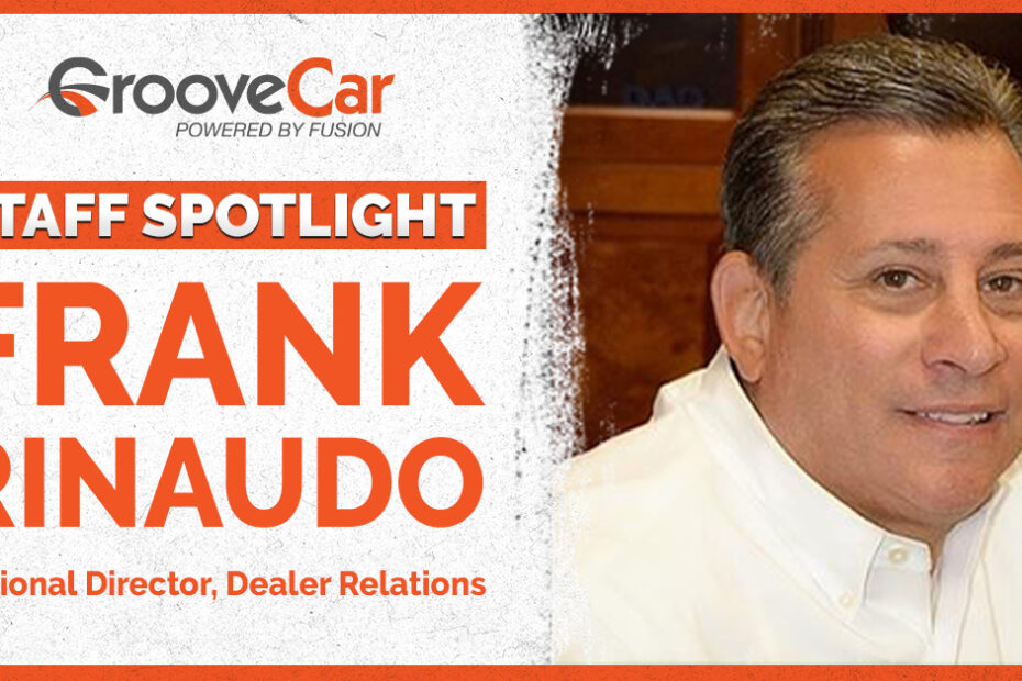 Frank Rinaudo smiling in professional attire in GrooveCar Staff Spotlight graphic