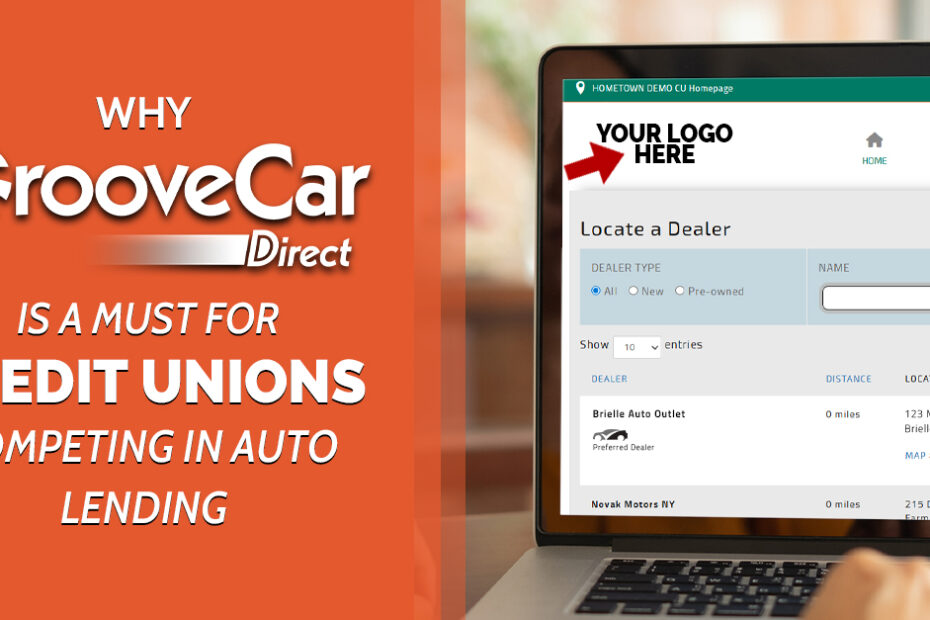 GrooveCar Direct auto lending blog graphic showing credit union car shopping platform and member engagement focus.