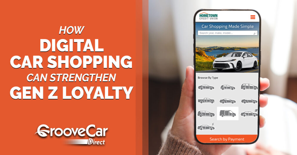 Person holding a smartphone with a credit union’s GrooveCar Direct car shopping platform on screen, next to text: How digital car shopping can strengthen Gen Z loyalty.