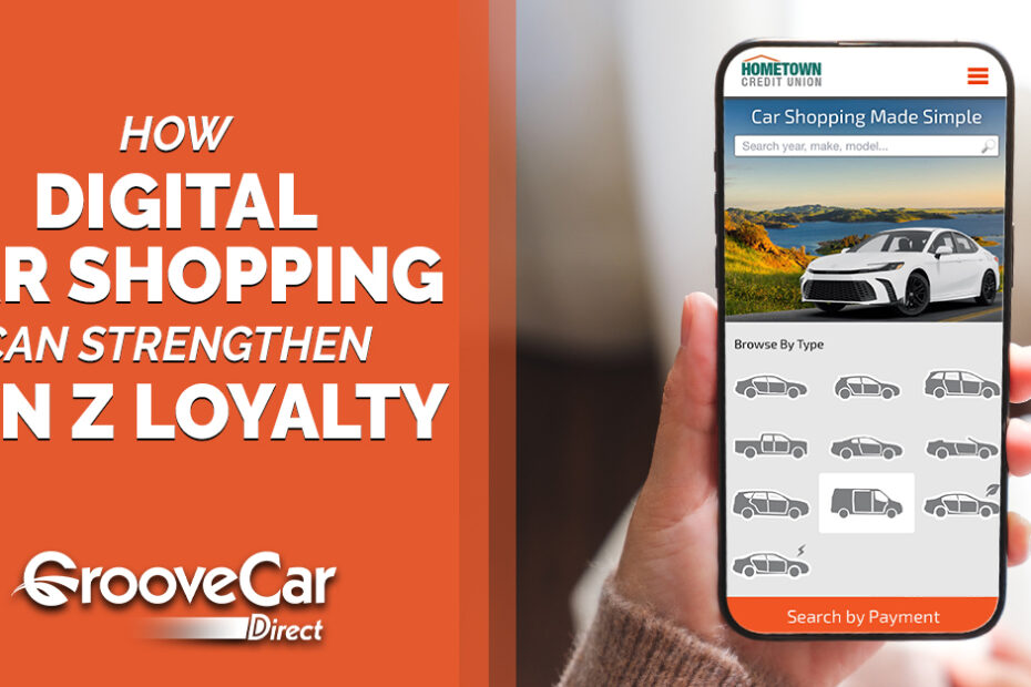 Person holding a smartphone with a credit union’s GrooveCar Direct car shopping platform on screen, next to text: How digital car shopping can strengthen Gen Z loyalty.